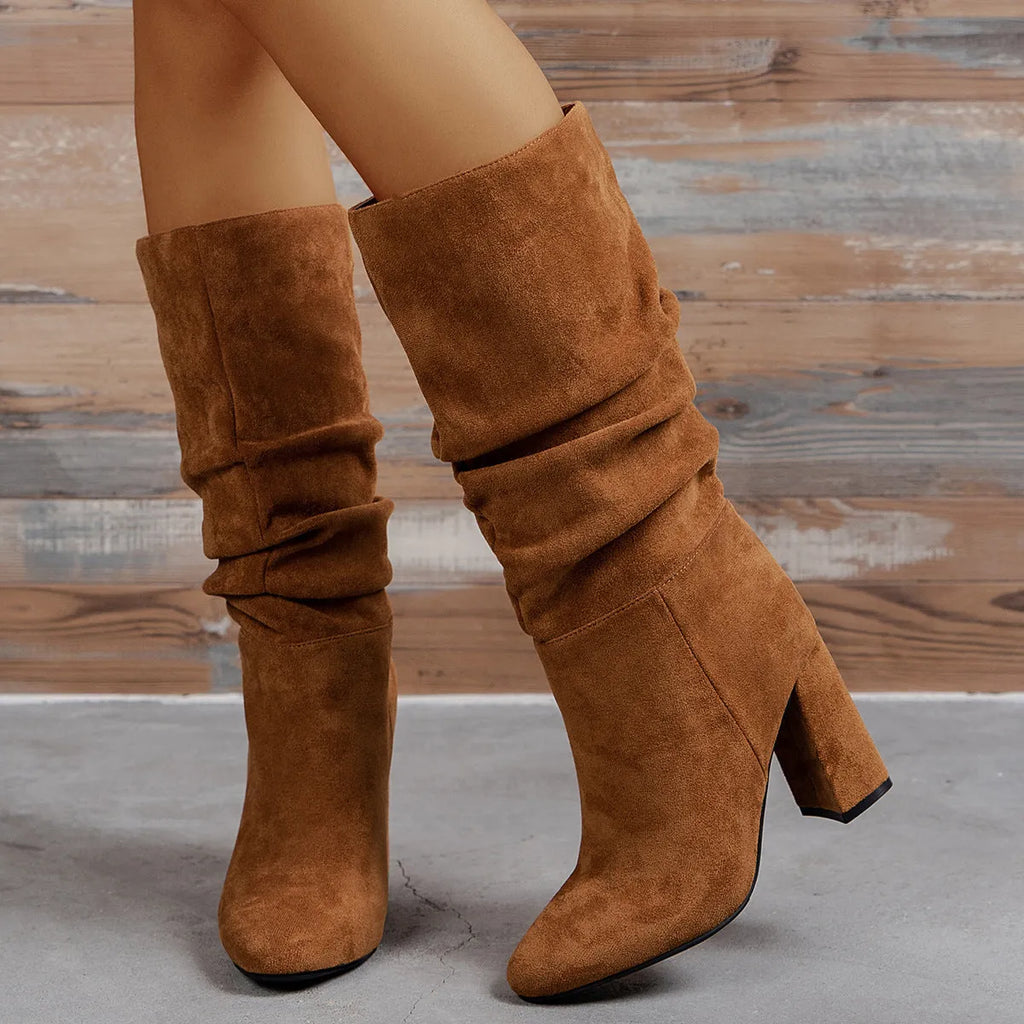 Camel suede high heel boots for women square heel above 8cm slip-on oversleeves style round toe