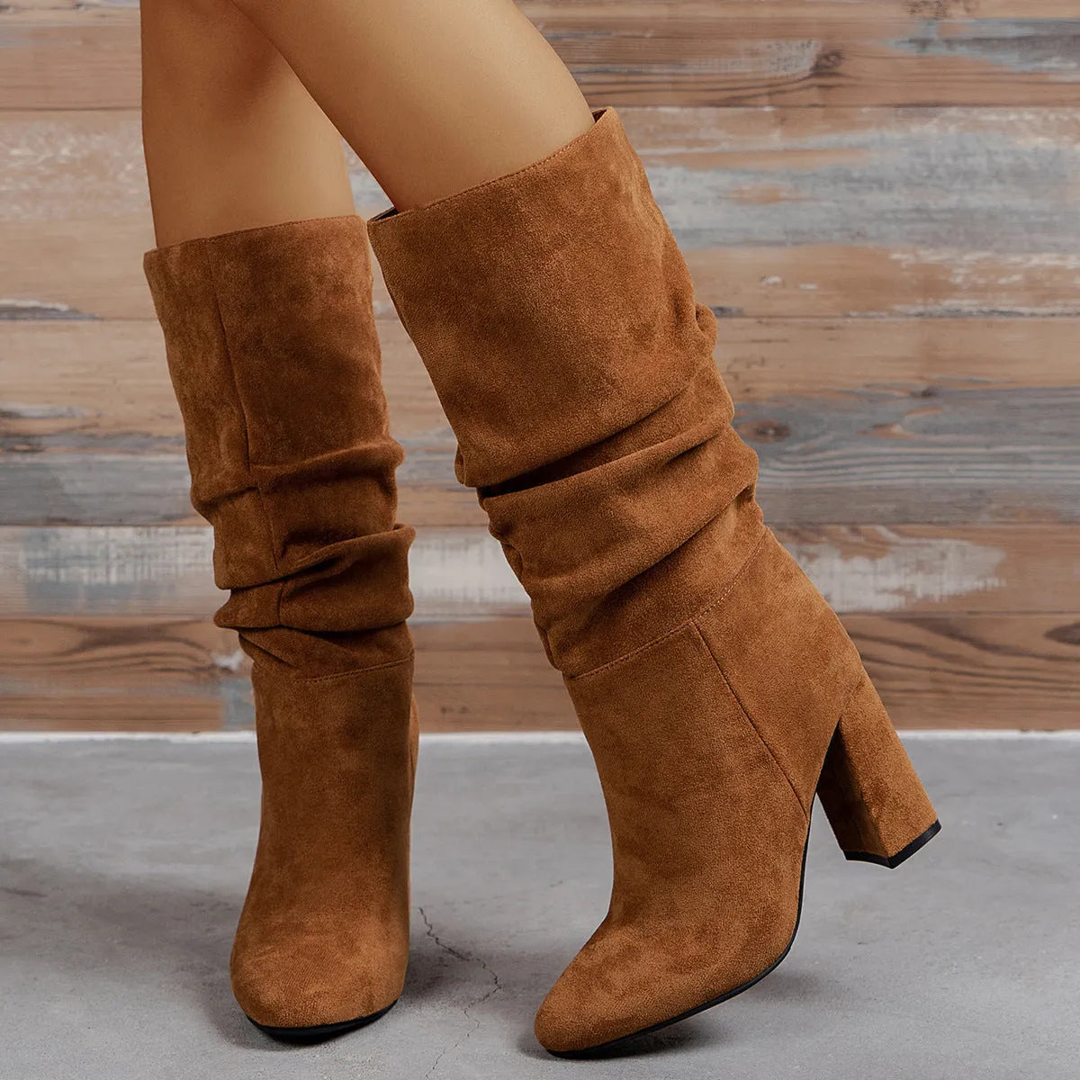 Camel suede high heel boots for women square heel above 8cm slip-on oversleeves style round toe