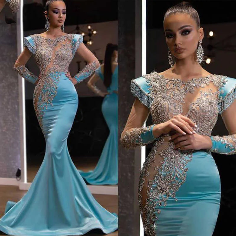 Light blue fishtail long evening dress with princess sleeves for women