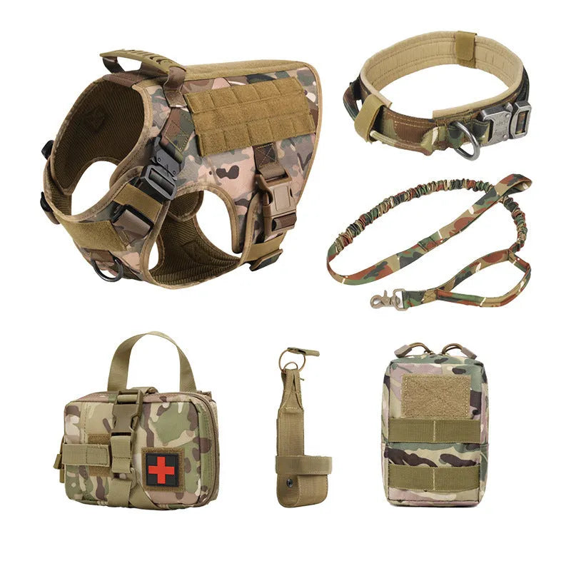 Tactical polyester dog training vest harness set shown in camouflage colour