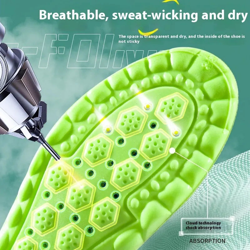 Green PU air cushion sports insoles for shock absorption, shown in size 35-46.