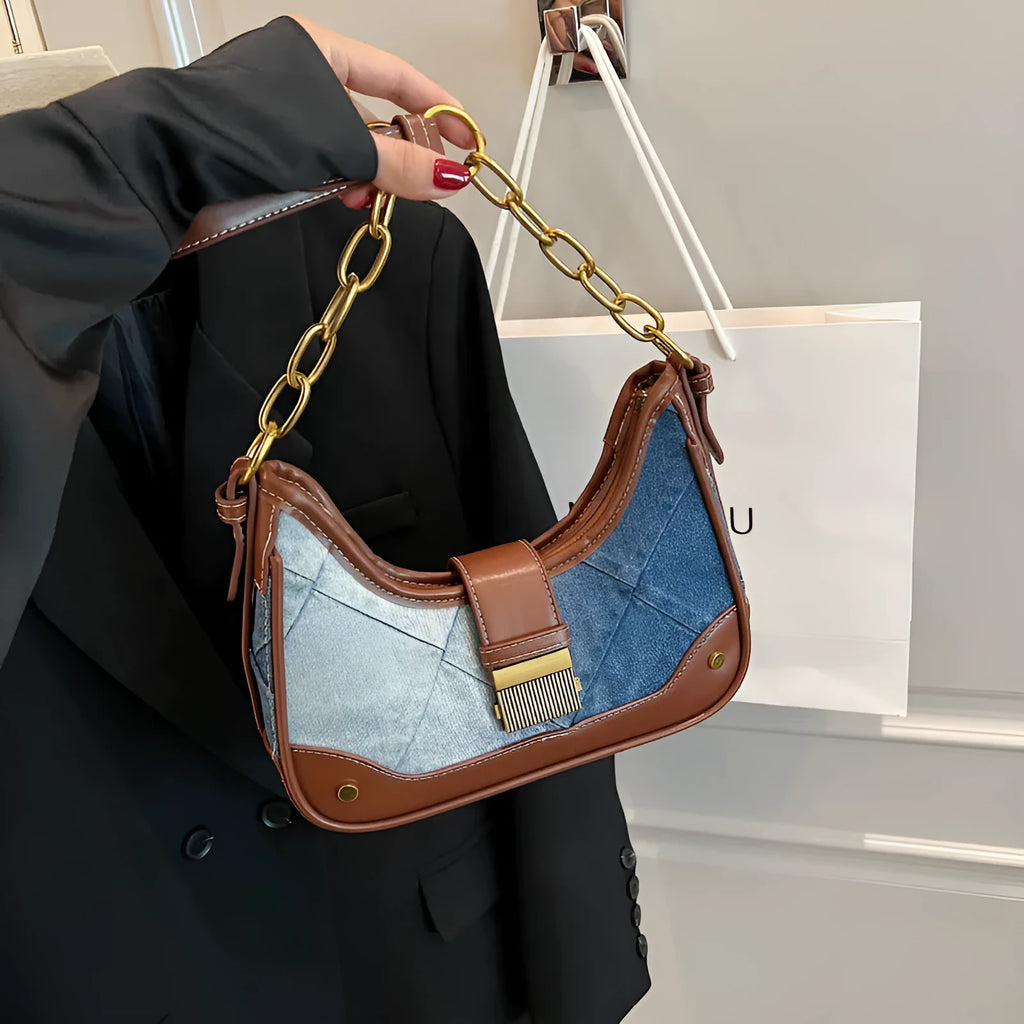 Brown denim women's shoulder bag with diamond chain design and bucket shape