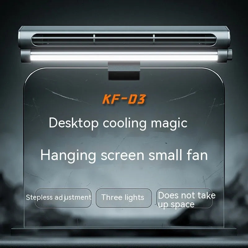 Black USB bladeless fan with clip-on laptop mount and integrated LED lighting