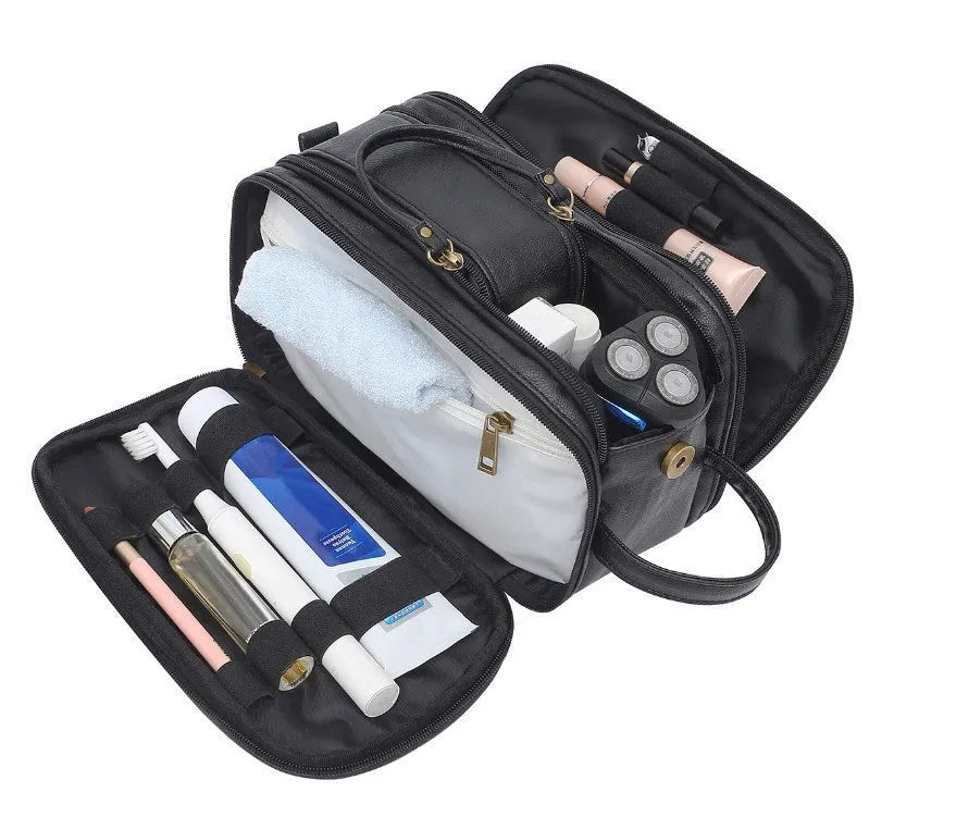 Men's black and brown PU leather toiletry bag for travel storage.