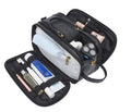 Men's black and brown PU leather toiletry bag for travel storage.
