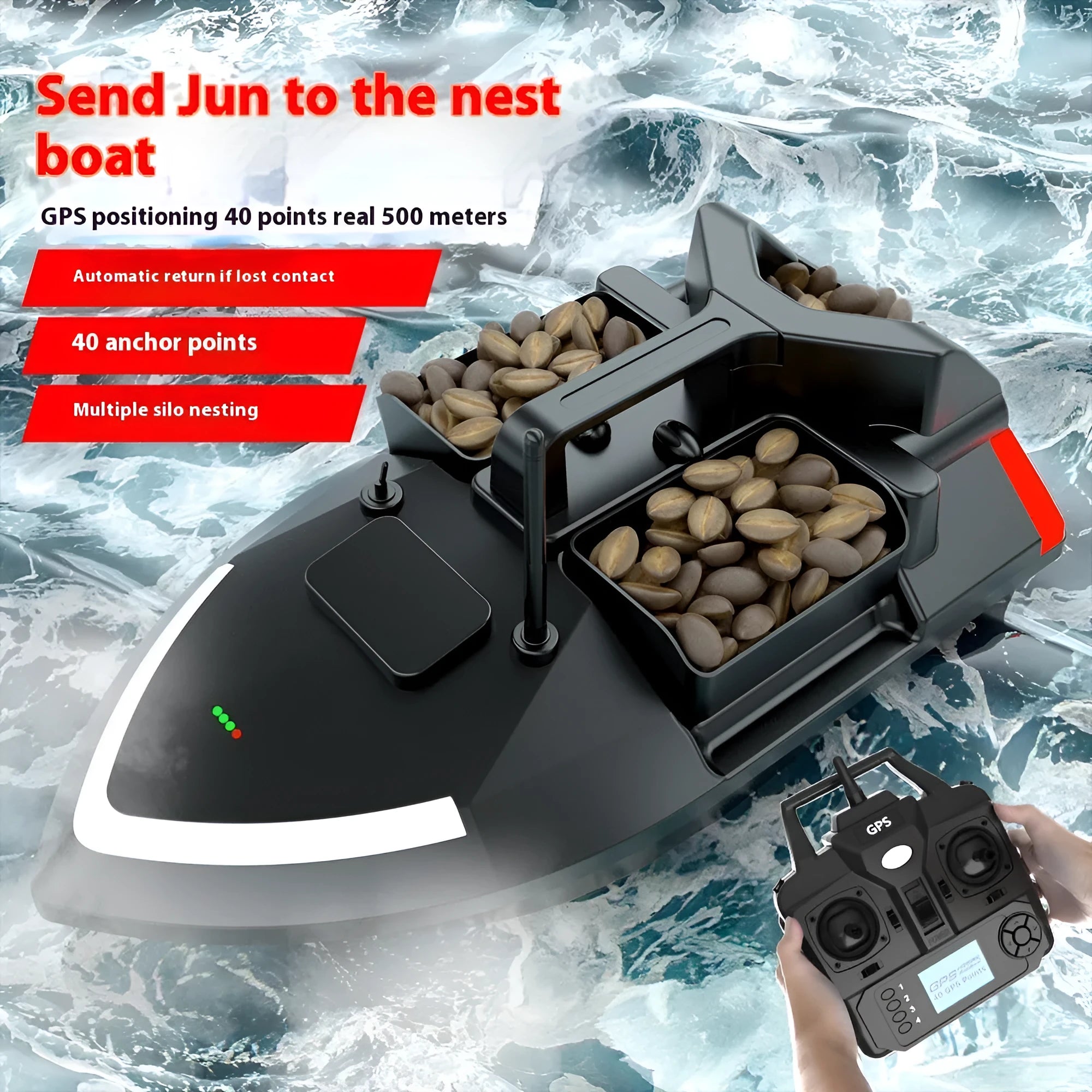 Black remote control fishing boat with GPS antenna on a calm lake, showing remote control.