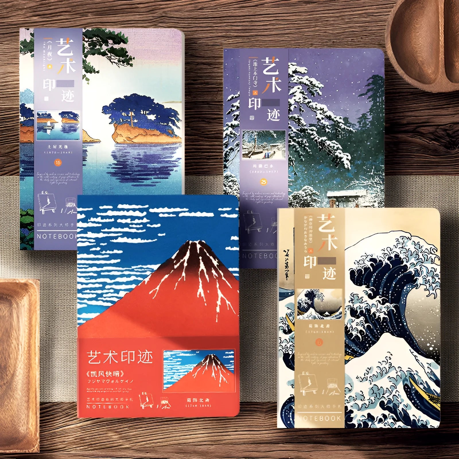 Ukiyo-e Kanagawa surfing scene hand ledger notebook showing retro style and dimensions