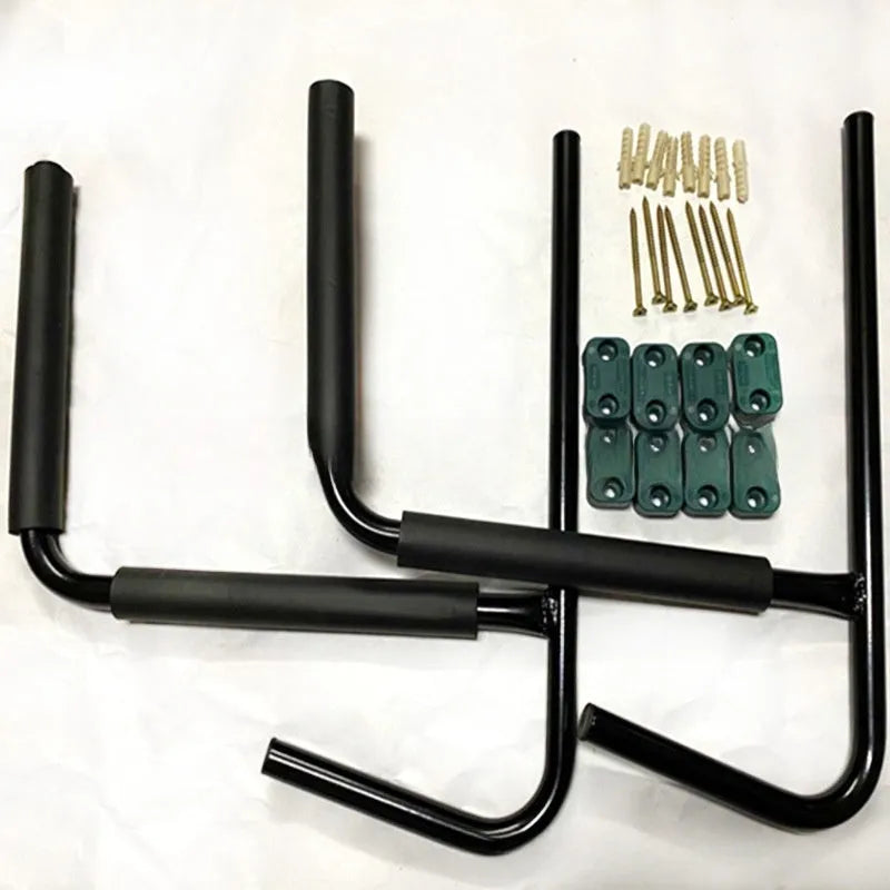 Carbon steel kayak and surfboard wall hanger storage rack with mounting hardware