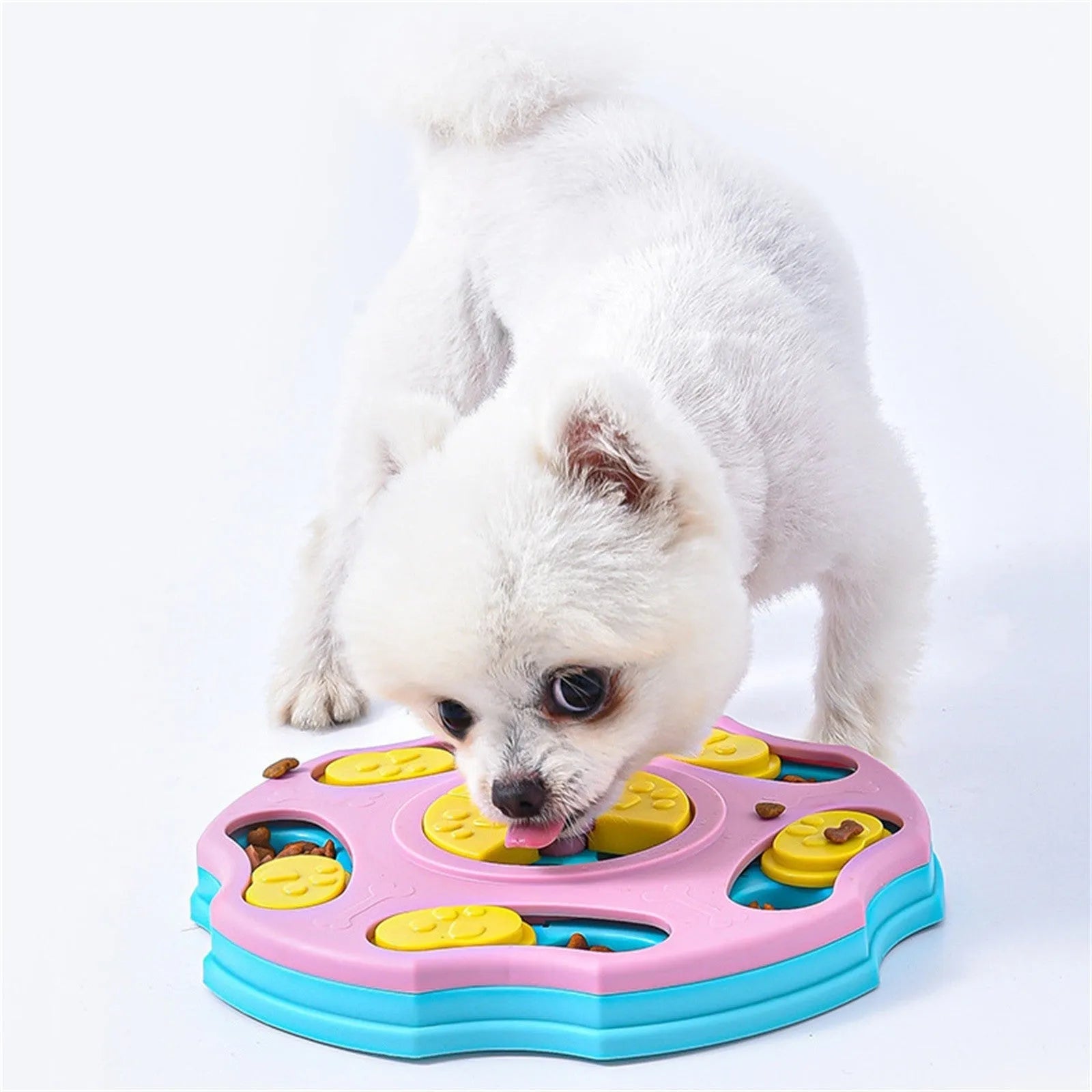 Blue dog puzzle feeder toy for aggressive chewers with interactive food-dispensing mechanism