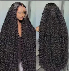 Black long curly Afro lace wig made from high-temperature fibre, shown with side bangs.