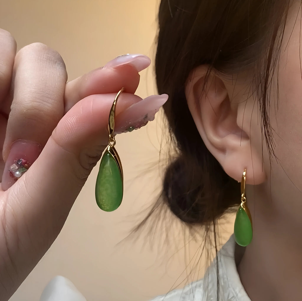 Chinese style geometric earrings with water droplet design in jade colour on copper base