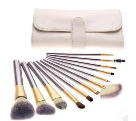 Persian make-up brush set with rice white bristles and champagne-coloured handles displayed in 12, 18, and 24 piece options.