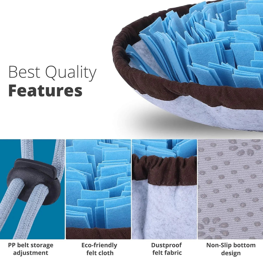 Large blue adjustable snuffle mat for dogs with fabric strips and non-slip backing