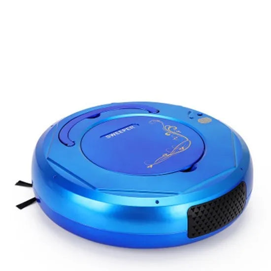 Lazy Smart robot vacuum cleaner in blue, black, or white on a hard floor
