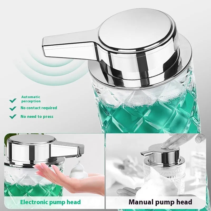Silver automatic sensor soap dispenser with USB-C charging port on a bathroom countertop.
