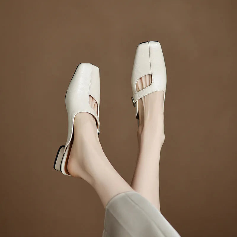 British style square toe leisure slippers in black, beige, and silver colours with low heel design
