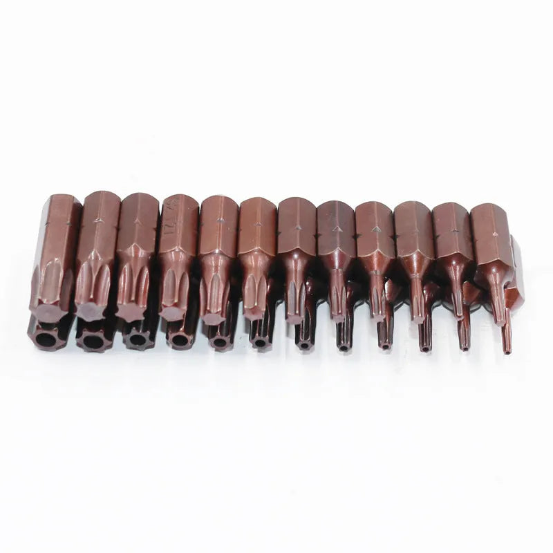 12-piece steel screwdriver bit set T6 to T40 with magnetic tips and black finish