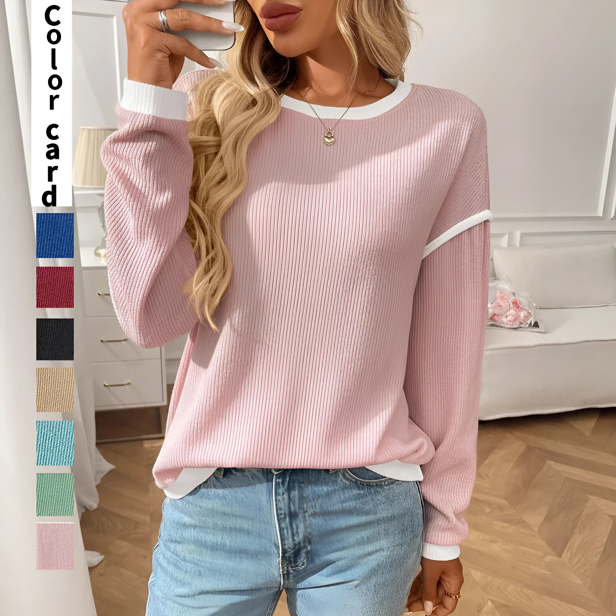 Women's round neck loose fit imitation sweater top in multiple colour options with long sleeves