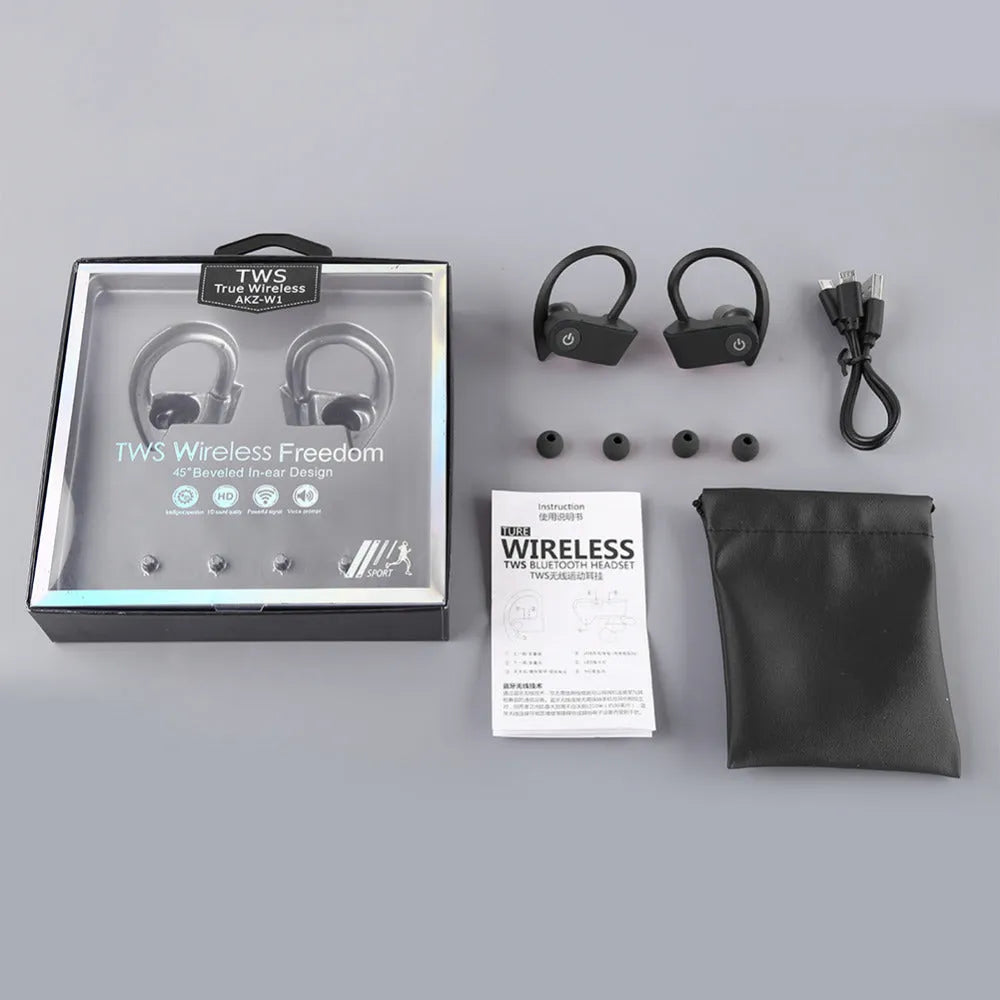 Black wireless Bluetooth in-ear headphones with ergonomic design and silicone ear tips.