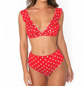 Women's floral dot border high waist swimsuit in blue colour for beachwear