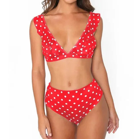 Women's floral dot border high waist swimsuit in blue colour for beachwear