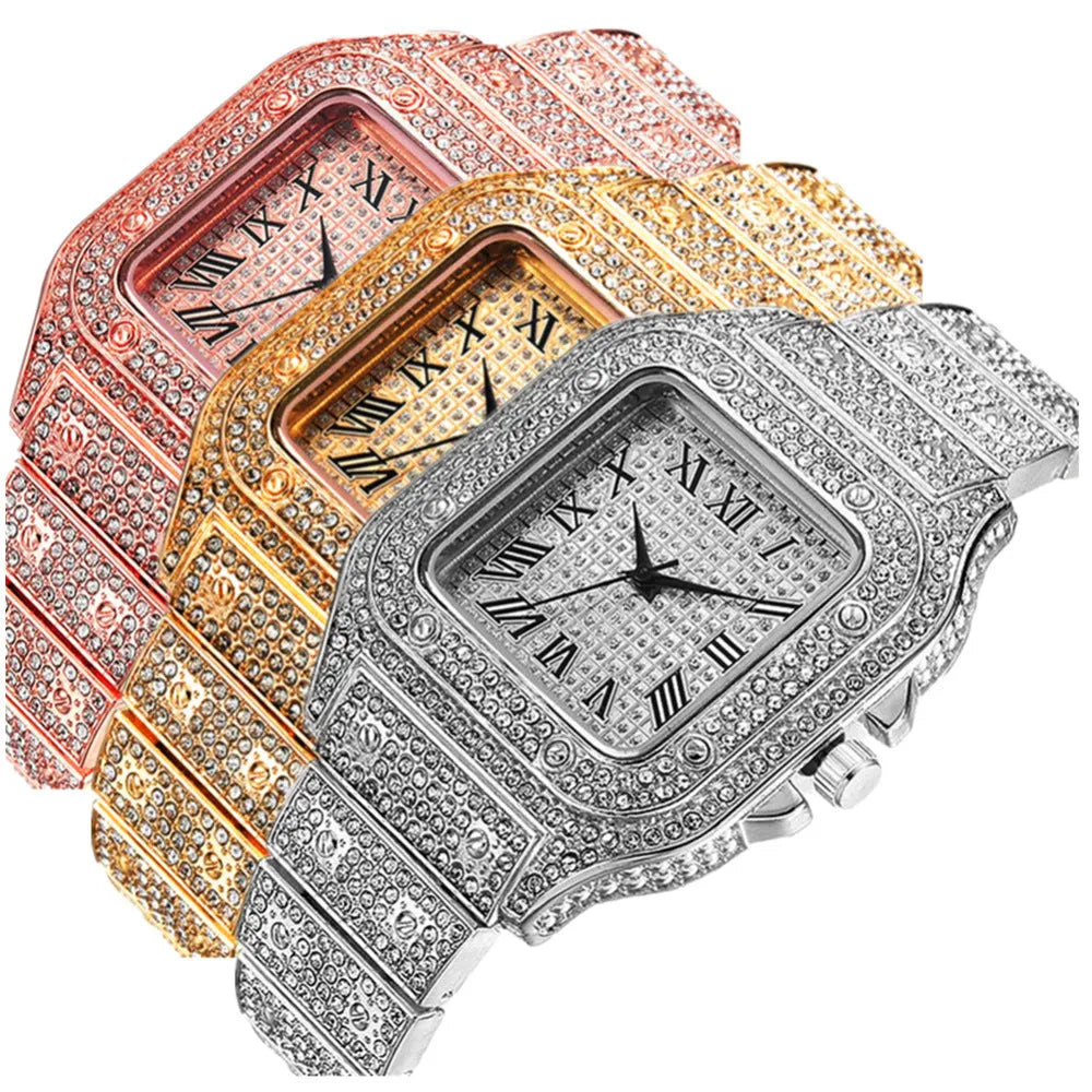 Square Roman numeral quartz watch with diamond dial and black mesh band, part of 3-piece jewellery set