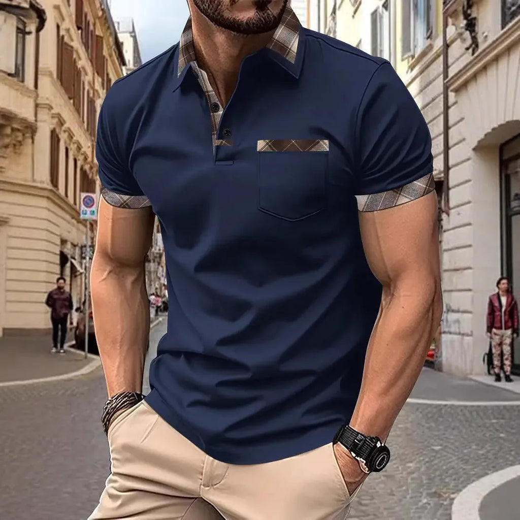 Men's plaid colourblock t-shirt with short sleeves and loose fitting cut