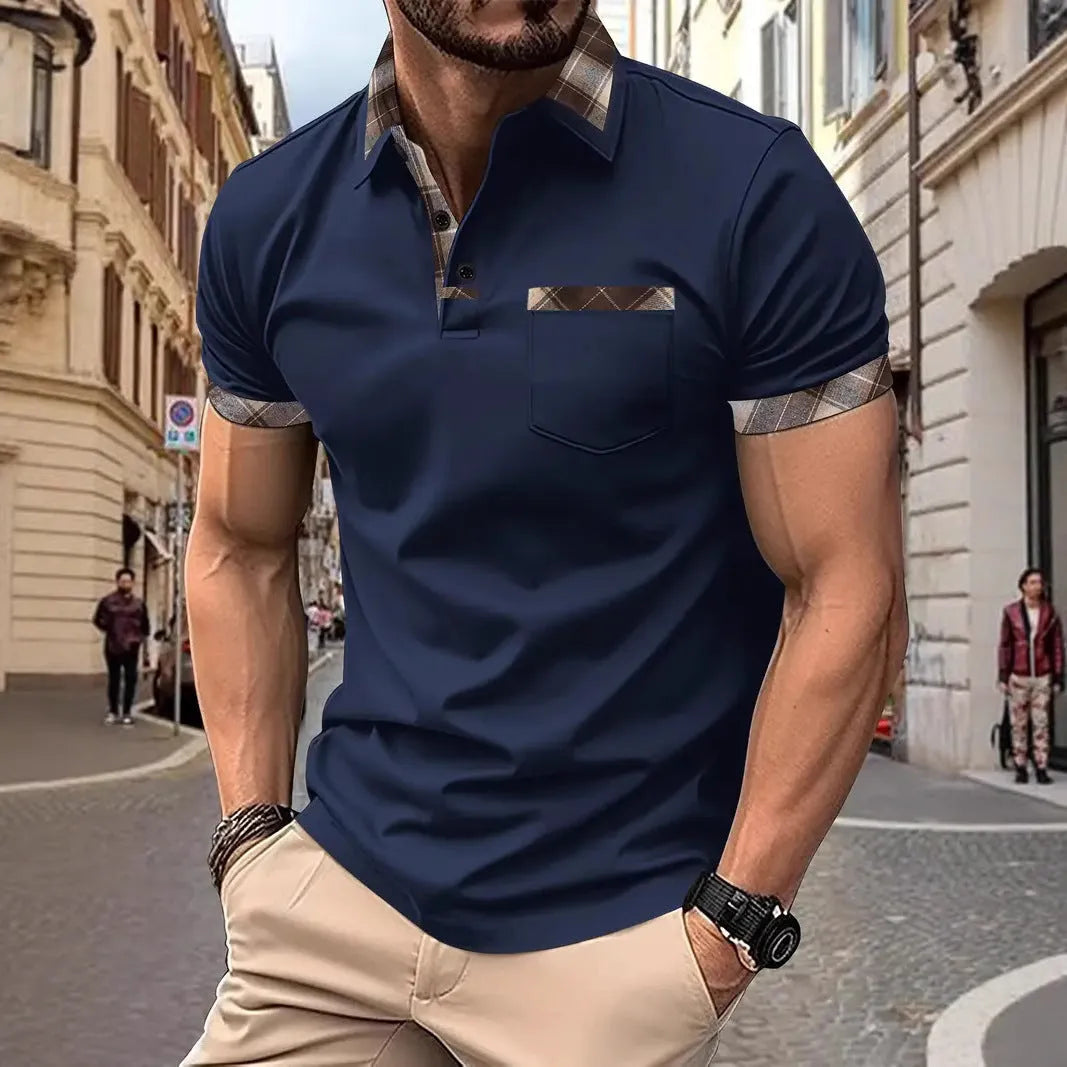Men's plaid colourblock t-shirt with short sleeves and loose fitting cut