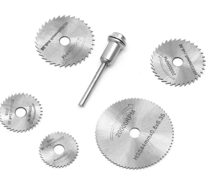 Set of six high-speed steel circular saw blades with mandrel for woodworking, showing diameter range from 10mm to 25mm