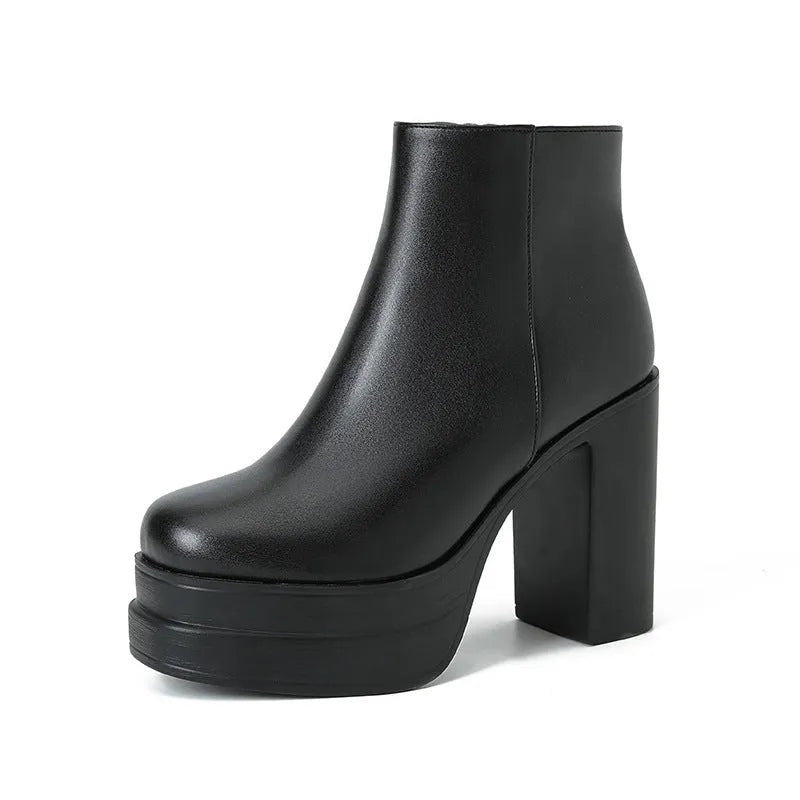 Women's black chunky heel ankle boots with side zipper, round toe, and cotton lining