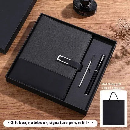 A5 business notebook with PU leather cover in brown, black, green, blue, or red, alongside a luxury gift box.
