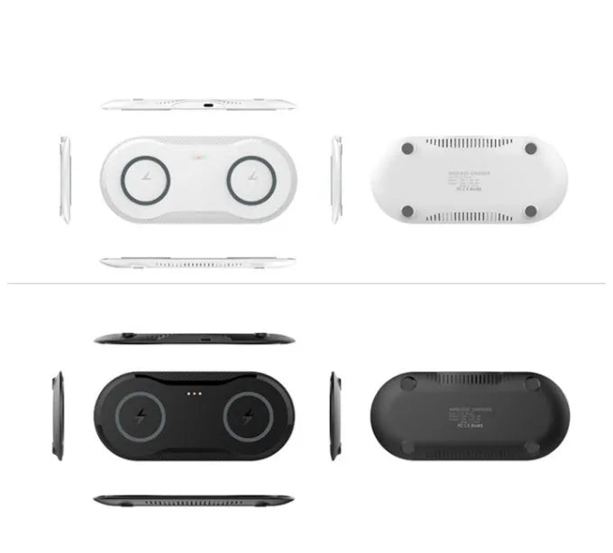 Dual wireless charging pad showing two phone charging positions with black or white colour options