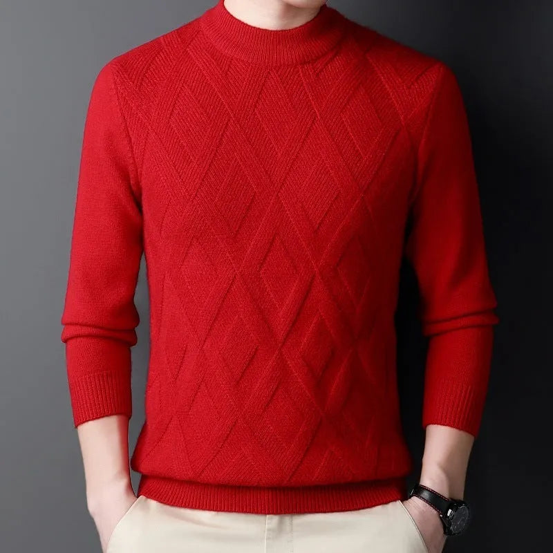 Men's diamond jacquard thermal pullover sweater in multiple colours showing textured pattern.