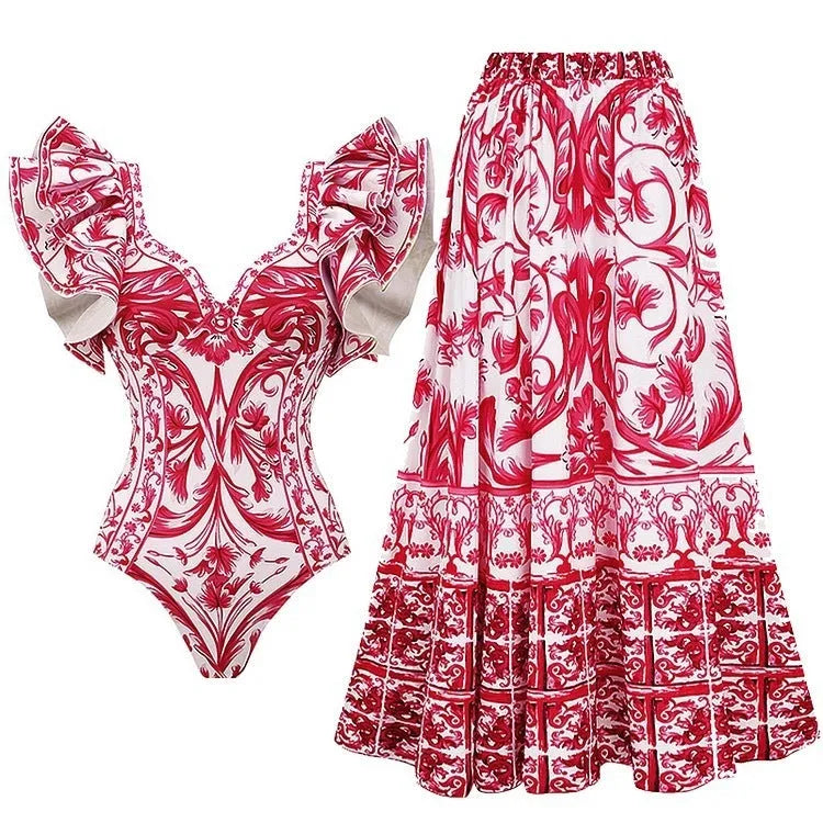 Women's printed polyester one-piece swimsuit in floral or geometric patterns