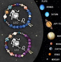Two natural stone beaded bracelets on a surface, showcasing zodiac sign designs.