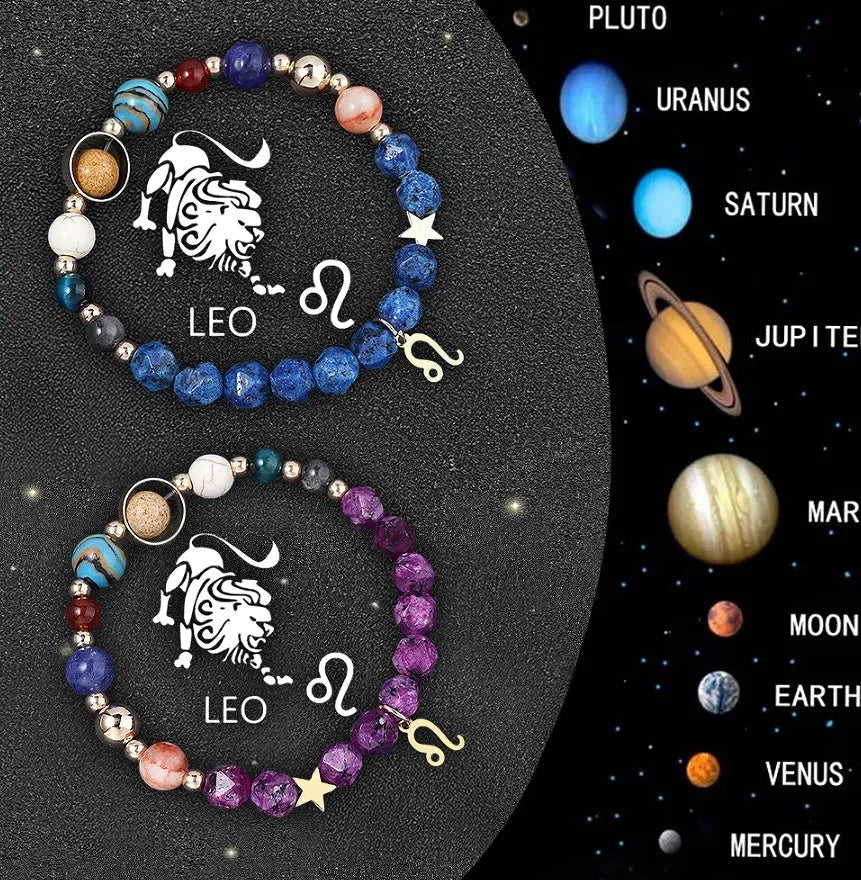 Two natural stone beaded bracelets on a surface, showcasing zodiac sign designs.