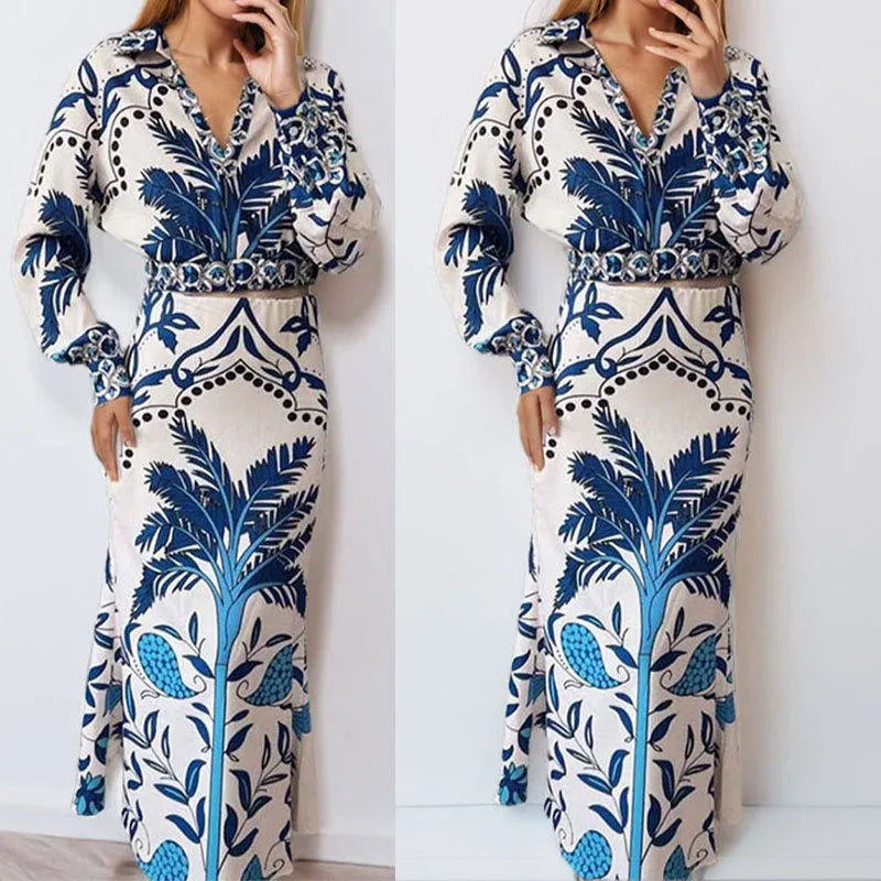 Women's early spring casual co-ord set featuring a long sleeve top and long skirt in picture colour.