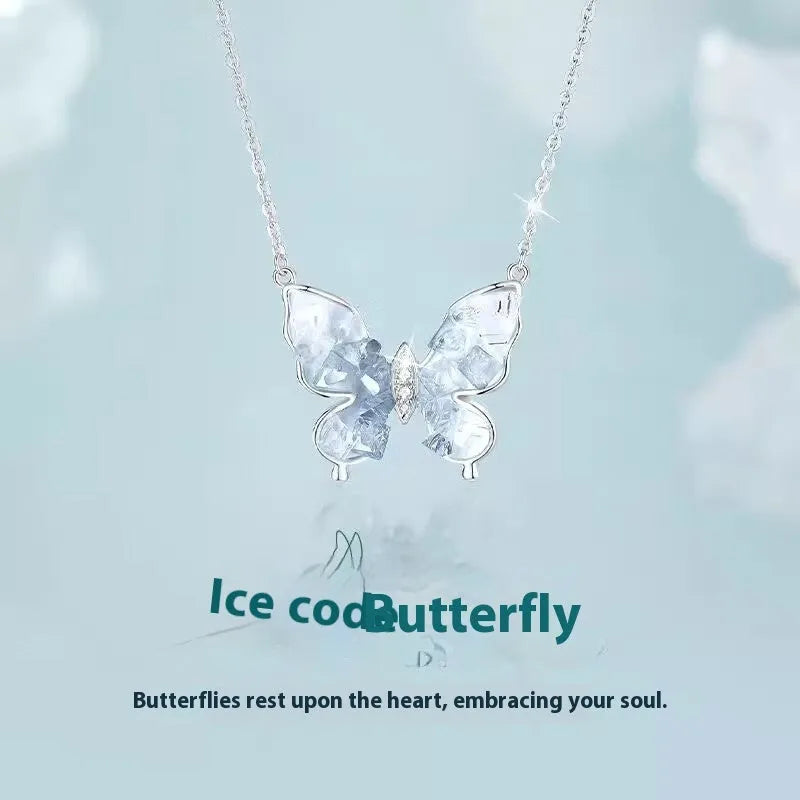 S925 silver butterfly necklace with ice rain pendant on O-ring chain, adjustable 41-50cm perimeter