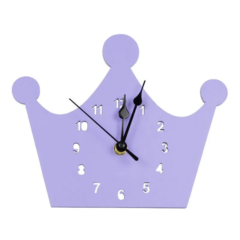 Wooden cartoon wall clock with battery movement in children's design like rabbit, crown or alien shape