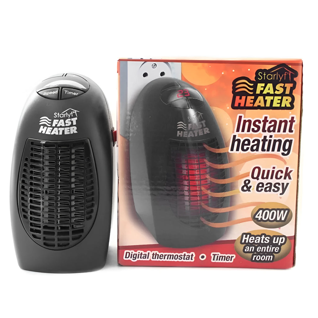 Black compact ceramic electric heater with digital display and rotating plug