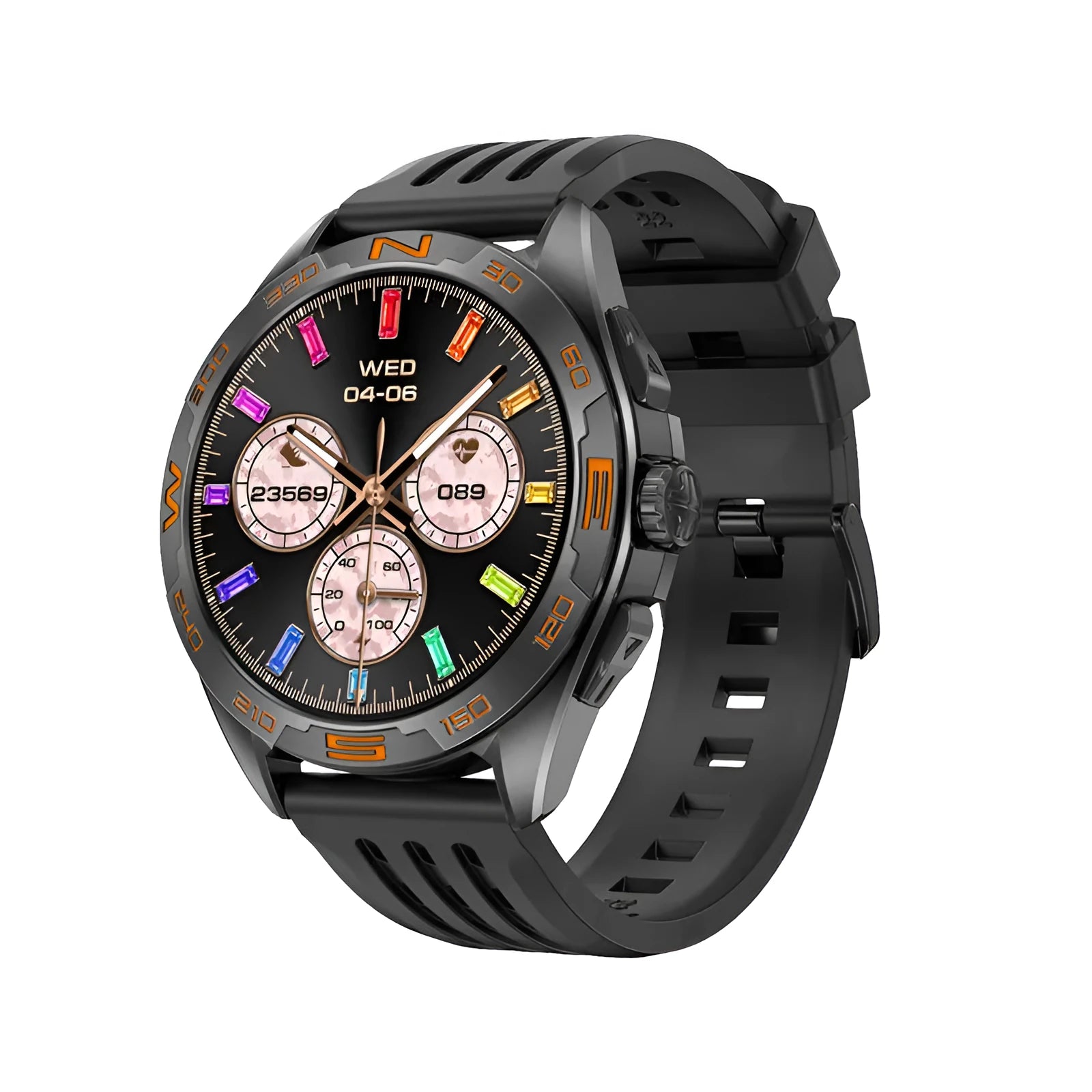 Smart watch displaying health metrics on IPS screen, in black steel colour with metal strap.