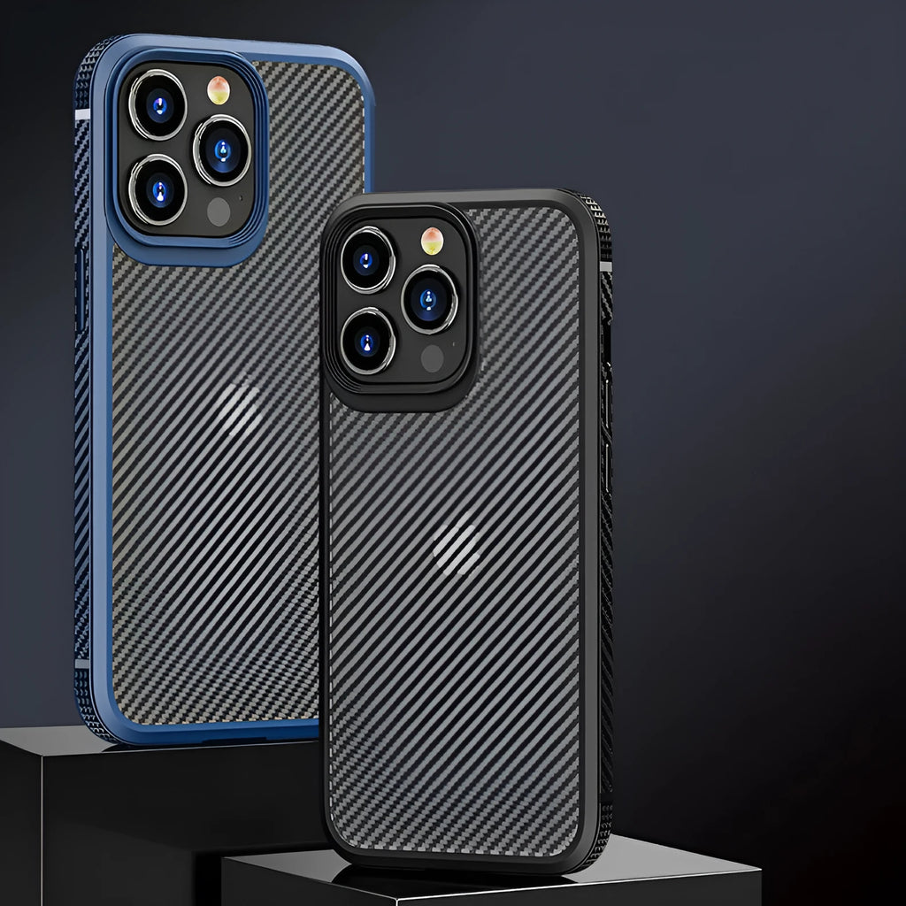 Black and blue anti-fall protective cases for iPhone 13 series with carbon fibre pattern