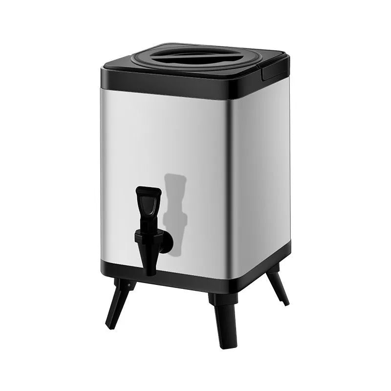 Silver stainless steel 8-litre milk tea bucket with square lock design for commercial beverage storage