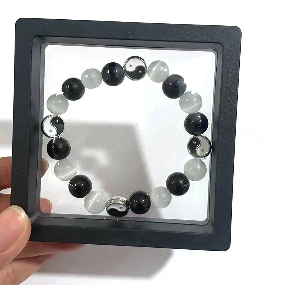 Natural black agate and opal Tai Chi bracelet with 10mm polished beads in Chinese style