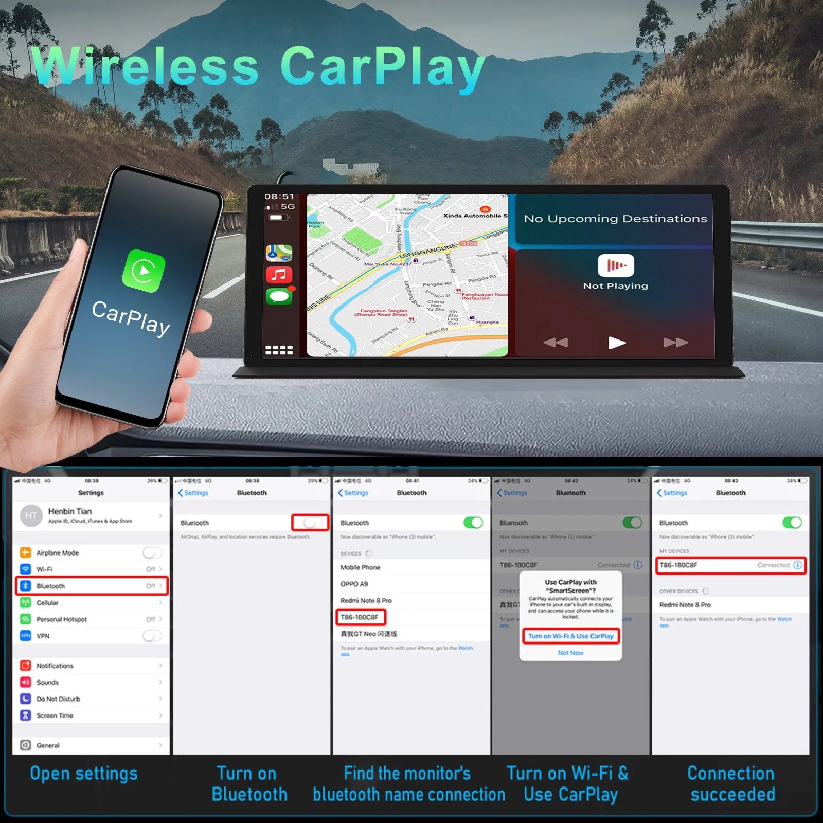 11.3 inch black centre console dashcam with GPS and wide-angle lens mounted in car