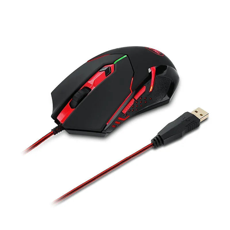 Black and red USB wired optical computer mouse on a desktop
