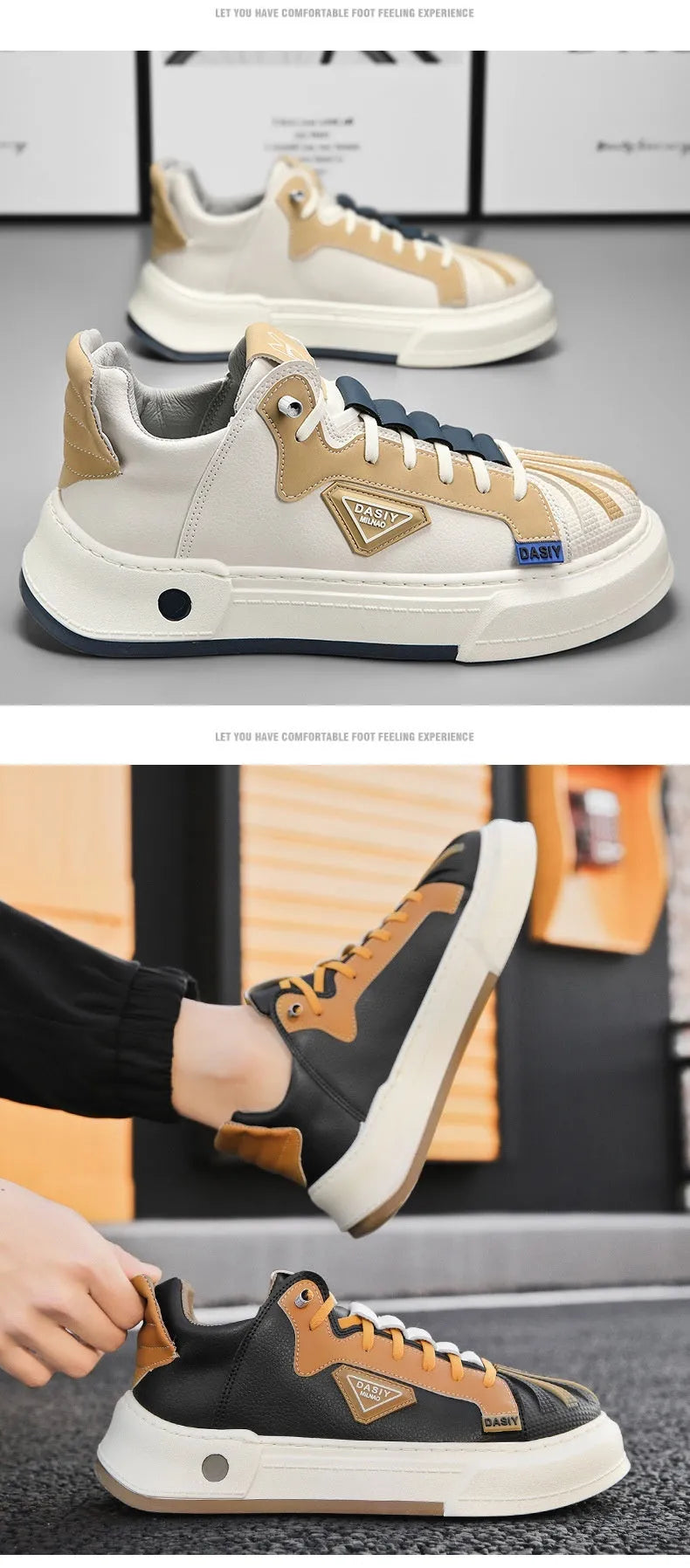 Men's beige and black elastic band casual sneakers with round toe and mesh lining
