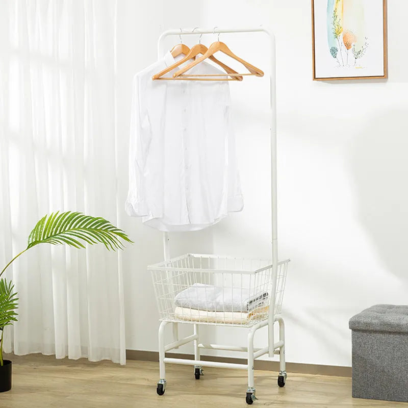 Single rod pulley storage car wall-mounted garment rack in black or white iron construction