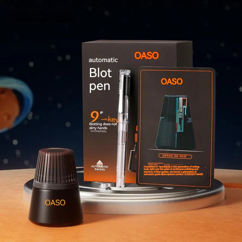 Student automatic suction fountain pen set with ink feeder and carry case, showing 0.5mm and 0.38mm nib options
