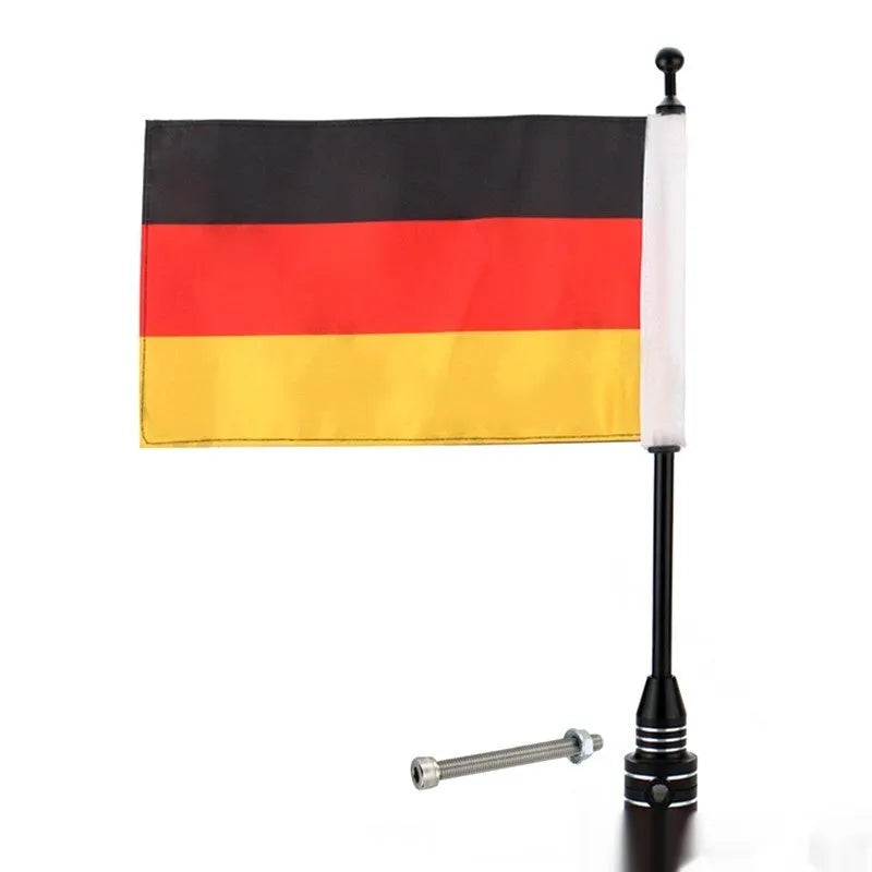 Motorcycle luggage rack flagpole in black and silver options for side box mounting
